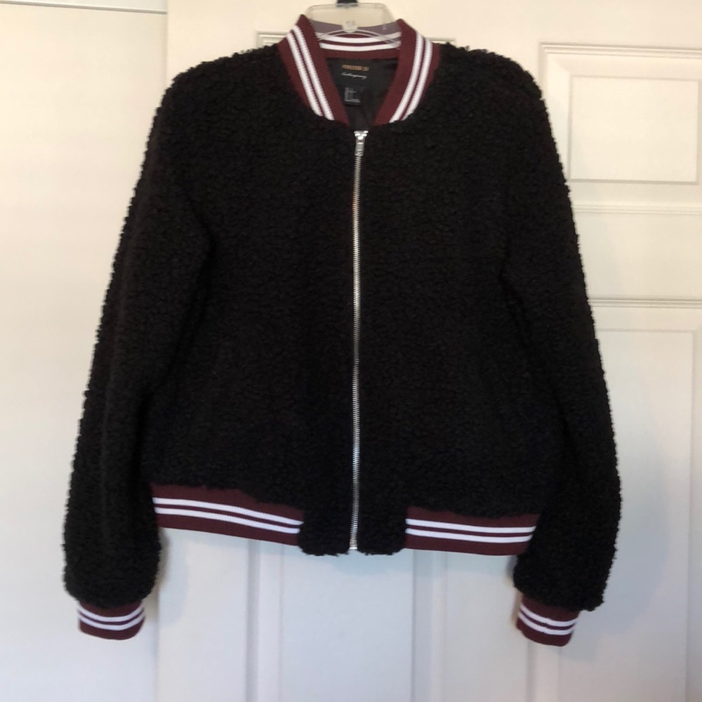 Forever 21 black teddy coat varsity bomber Sz L